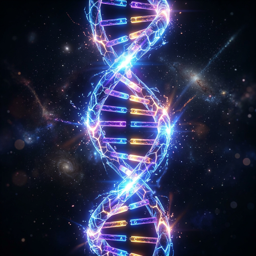 Luminous DNA double helix with glowing nucleotide pairs in a cosmic space background